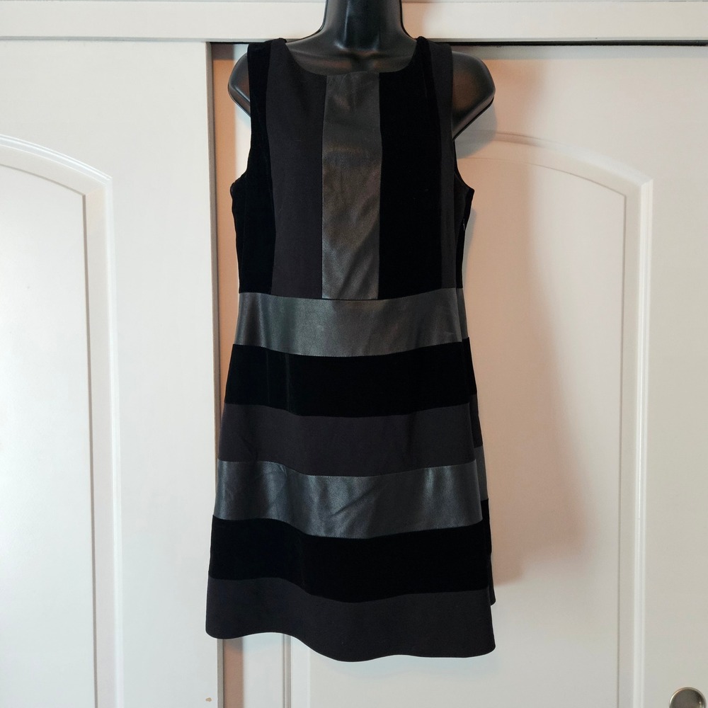 Mini Dress Large Black Velvet Faux Leather Patchwork Minimalist Office Silk